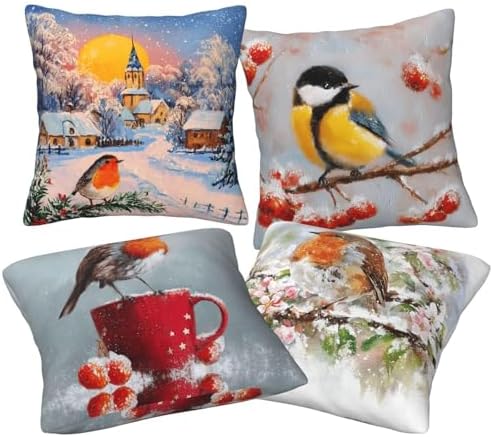 Winter Bird Throw Pillow Covers Set of 4 Decorative Soft Double Sided Print Pillow Case Farmhouse Home Decor for Living Room Sofa Couch 18x18