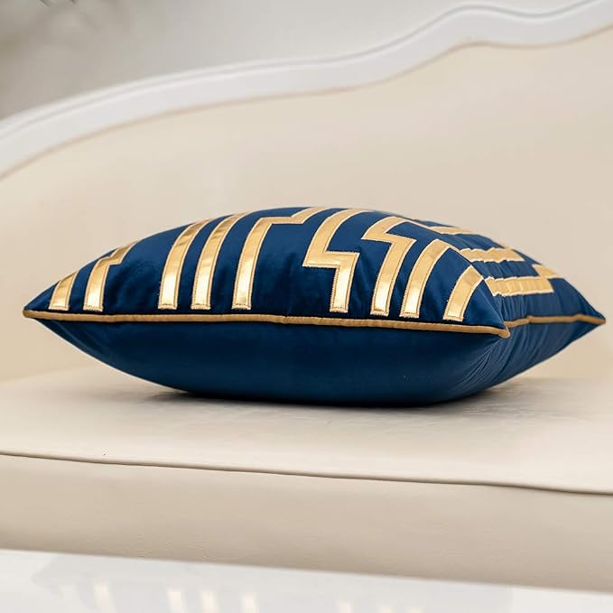 Alerfa Gold Leather Striped Navy Blue Throw Pillow Cover 18x18 Inch, Geometric Luxury Decorative Embroidered Velvet Pillow Cover for Couch Living Room Bedroom