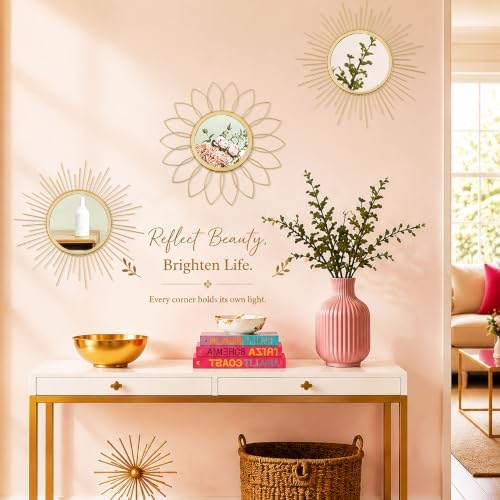 3 Pack Metal Mirrors for Wall Sunburst Wall Mirrors Home Décor Decorative Hanging Wall Art for Living Room Bedroom Entryway (Gold, Flower+Sunburst)