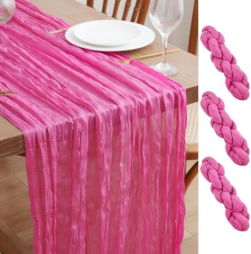Asee'm 3pcs Hot Pink Cheesecloth Table Runner Summer 10FT Fuchsia Gauze