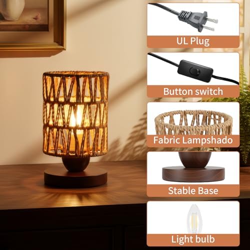 Handmade Rattan Lamp Farmhouse Table Lamp for Bedroom, Rustic Woven Lamps for Night Stands with Warm White LED Bulb, Boho-Inspired Boho Lamp for Living Room Kitchen Nook, 12cm Shade 20cm Height