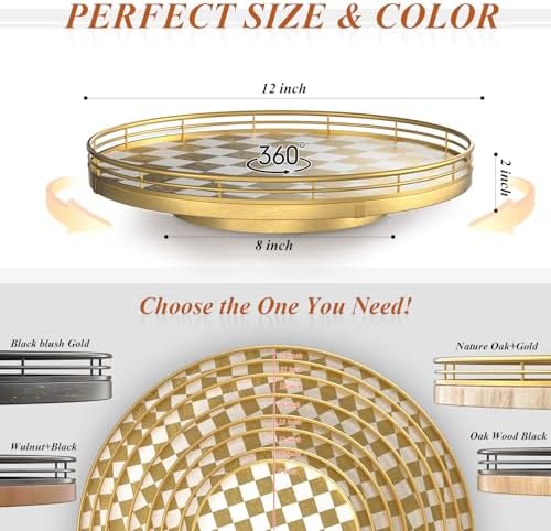 AMH 12-Inch Gold and White Checkerboard Lazy Susan with Metal Rail