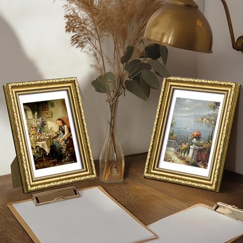 eletecpro 5x7 Vintage Picture Frame, Glass Cover, Gold, 2-Pack