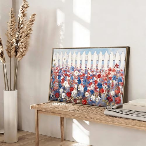 American Flag Framed Canvas Wall Art, 4th of July Patriotic Canvas Prints | Vintage Rustic Landscape Poster Print, Independence Day Wall Decor for Bedroom Living Room Dining Room Office 24×32in