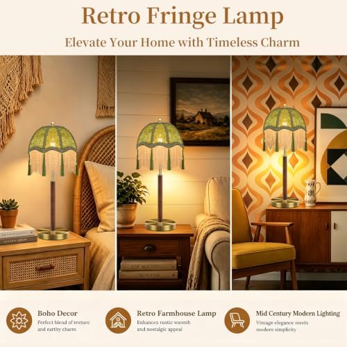 Vintage Table Lamp Dimmable Bedside Lamps With Victorian Fringe,Gold Small Wood Retro Desk Tall Table Light Green Mid Century Modern Nightstand Table Lamp for Bedroom Living Room