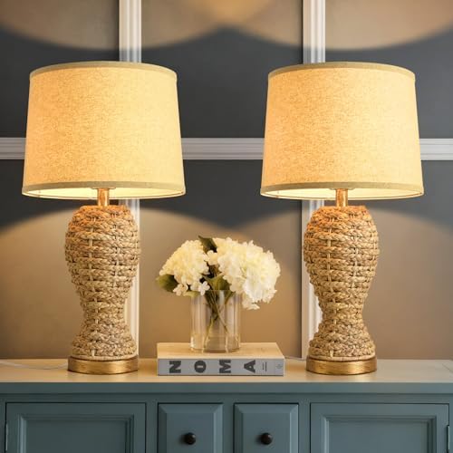 24.4" Boho Table Lamps for Living Room, Bedside Lamp for Nightstands, Rattan Lamp Wicker Lamp for Bedroom, Farmhouse Rustic Woven Table Lamp for Kitchen Room Decor, End Table, Retro(No Bulb)