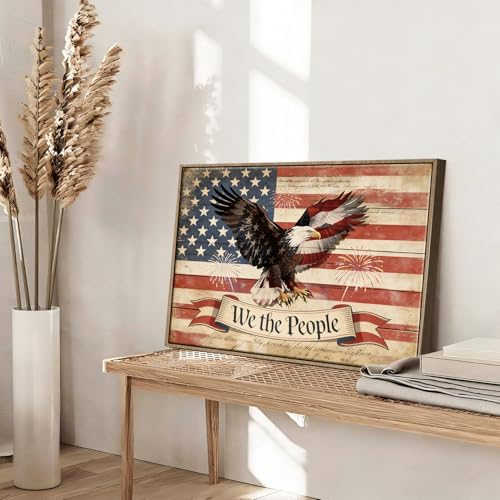 American Flag Framed Canvas Wall Art, 4th of July Patriotic Canvas Prints | USA Flag with Bald Eagle Poster Print, Vintage Independence Day Wall Decor for Bedroom Living Room 24×36in