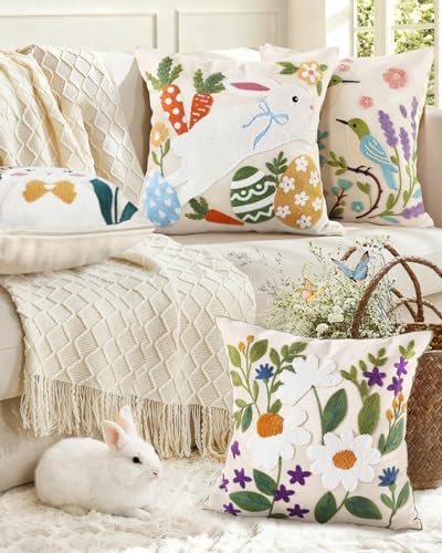 Easter Pillow Cover 18x18 Inch – Embroidered Spring Throw Pillow Cover Eggs Rabbit Carrots Farmhouse Decorative Easter Cushion Case with Hidden Zipper for Couch, Sofa, or Living Room(1 Pack)