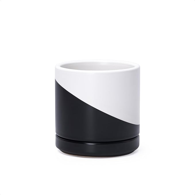 D'vine Dev 3.5 Inch Ceramic Planter Pot, Black White Diagonal, 94-O-A-K | Modern Cylinder Design, Drainage Hole & Saucer Included, Stable Structure, Elegant Home Accent