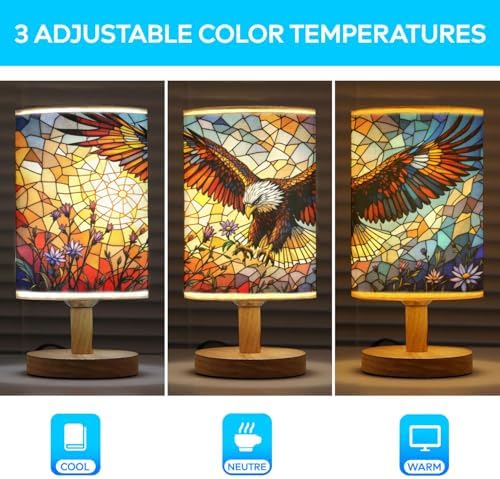 Eagle with Flower Table Lamp LED 3-Color Pressed Bedside, Eagle with Flower Shade Lamp with Wood Base for Bedroom Living Room Desk Office TL01