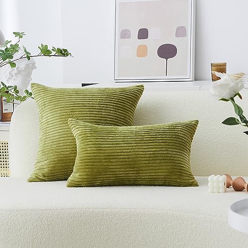 Home Brilliant Throw Pillow Covers 18x18 Set of 2 Soft Velvet Corduroy Striped Square Throw Pillows Cushion Cover for Couch Decor, 18 x 18 inch, Grass Green