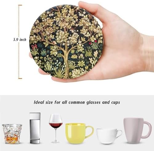 HUXJOKO Coasters for Drinks Set of 6,William Morris Floral Pattern Absorbent Ceramic Coaster,Round Stone Mat,with Cork Base and Metal Holder for Coffee Table Room Bar Home Decor Housewarming Gifts