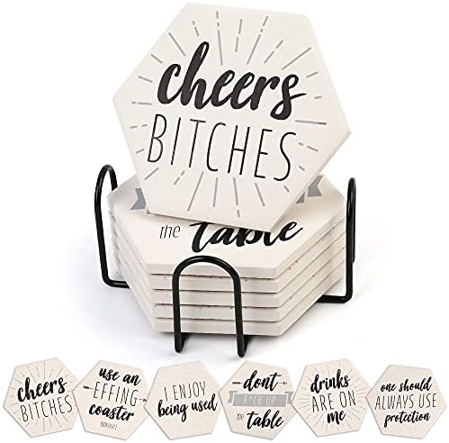 LotFancy Funny Drink Coasters with Holder, 6PCS Absorbent Ceramic Coasters, Hexagon Set, Non-Slip, Bar Room Decor