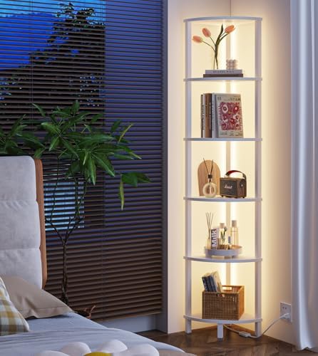 VIMBER Corners Shelf with LED Light, 6-Tier Corner Bookshelf, Industrial Corner-Ladder Shelf, Modern Display Shelf for Living Room, Bedroom, Kitchen, Home Office, Sturdy Frame, White UJSJ002W