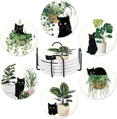 Whaline 6 Pcs Botanical Black Cat Ceramic Coaster Set 6 Style Drink Coasters with Coaster Holder Absorbent Coasters for Table Protection Birthday Housewarming Gifts Home Decor