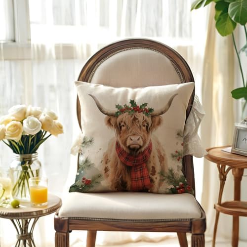 Highland Cow Decorative Throw Pillow Covers with Red Scarf Holly Berries 18x18 Inch Farmhouse Rustic Cushion Cover Winter Holiday Cows Pillowcase 2Pack for Couch Sofa