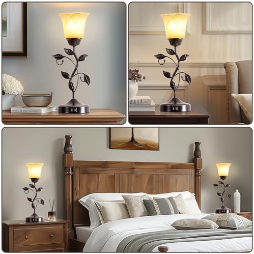 Set of 2 Touch Vintage Bedroom Leaf Table Lamps with 2 USB Ports