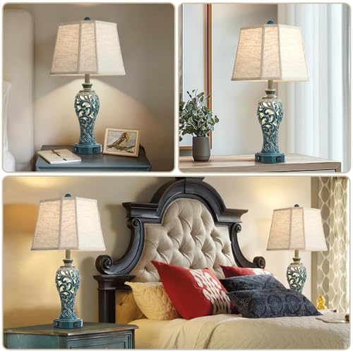 25'' Farmhouse Table Lamps Set of 2 for Bedroom with USB C+A Ports