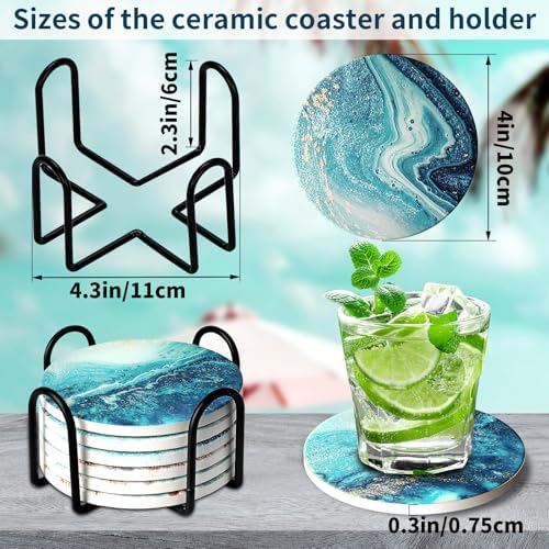 Coasters for Drinks with Holder Teal Marble Abstract Ceramic Stone Coasters Set of 6 Cork Base Round Absorbent Funny Drink Coaster Blue Beach Ocean Style for Cups Mugs Tabletop Protection