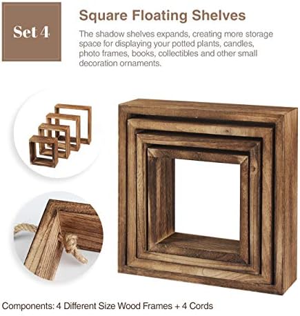 J JACKCUBE DESIGN Floating Hanging Square Shelves Wall Mounted Rustic Wood Cube Display Shelf Shadow Boxes Decorative Boho Home Décor for Living Room, Bedroom, Office, Set of 4 (Brown) - MK571B