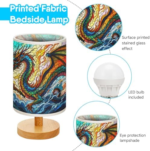 Dragon Table Lamp LED 3-Color Pressed Bedside, Dragon Shade Lamp with Wood Base for Bedroom Living Room Desk Office TL01