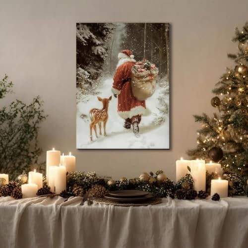 FLZYKGPA Christmas Wall Art 24x36, Santa Claus & Deer Canvas Prints, Christmas Pictures Wall Decor for Living Room & Bathroom, Holiday Painting for Bedroom Party Winter Cottage Artworks Gifts