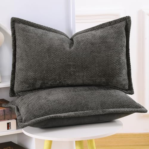 MADIZZ Decorative Chenille Velvet Throw Pillow Covers Set of 2 Soft Boho Textured Neutral Couch Throw Pillow for Bed Modern Farmhouse Home Decor for Sofa Livingroom Dark Taupe 12x20 Inch