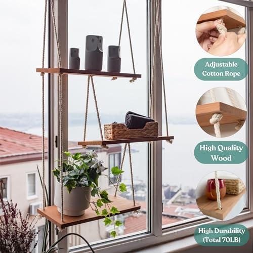 Boho Wall Shelves for Plants and Decor - Rope Hanging Shelves for Wall Decor in Living Room, Bedroom, Bathroom | Design Patented | by NWOOD