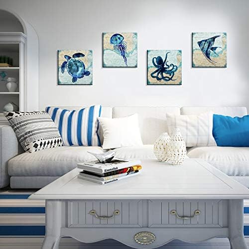 Boho Beach Bathroom Decor Navy Blue Fish Sea Turtle Jellyfish Octopus Canvas Wall Art Ocean Picture Nursery Kids Under the Sea Animal Painting for Living Room Bedroom Office Home Decorations 12x12" 4P