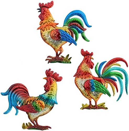 VinSees Metal Rooster Wall Art Decor, Chicken Gifts for Women, Mom, Grandma, Wife; 3D Rooster Wall Sculpture Set of 3 for Kitchen