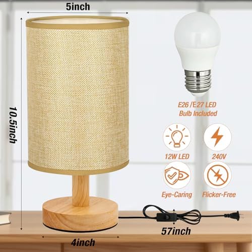 Desk Lamp LED Bulb Included, Small Bedside Table Lamp Plug-in - Classic Wood Base with Flaxen Fabric Shade, Lamps for Night Stands, Simple Nightstand Light for Bedroom, Office, Desk