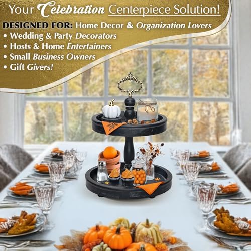 2 Tiered Tray Stand [Includes 3 Changeable Handles] - Rustic Cupcake Stand, Coffee Table Tiered Serving Tray for Kitchen Counter, Stunning Rustic Home Decor, Display Fruits, Plants, Candles (Black)