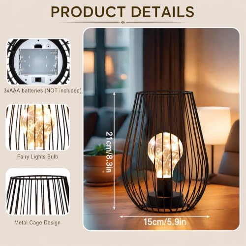 TRIROCKS Metal Cordless Table Lamp - 8'' Tall Set of 2 Cage Shape Battery Operated Lamp with Fairy Lights Bulb for Indoor/Outdoor Use Perfect for Christmas Garden and Weddings (Black,Set of 2)