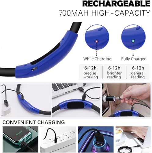 Rechargeable LED Book Light, Neck Hug Light Reading Lamp Relaxed Reading in Bed, 3 Brightness Levels, 2 Flexible Soft Silicone Arms Comfortable Wear. Perfect for Bookworms & Crafts, Blue