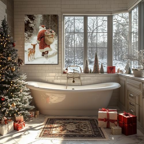FLZYKGPA Christmas Wall Art 24x36, Santa Claus & Deer Canvas Prints, Christmas Pictures Wall Decor for Living Room & Bathroom, Holiday Painting for Bedroom Party Winter Cottage Artworks Gifts