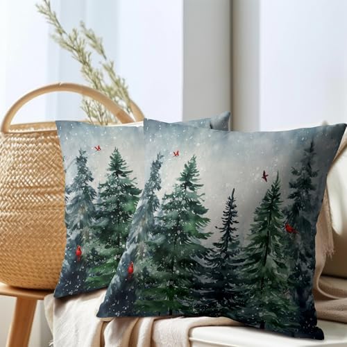 Green Tree Throw Pillow Covers Winter Snowy Forest Pillowcase 16x16 inch 2 PCS Nature Landscape Red Bird Decorative Cushion Cover for Home Patio Sofa Bedroom