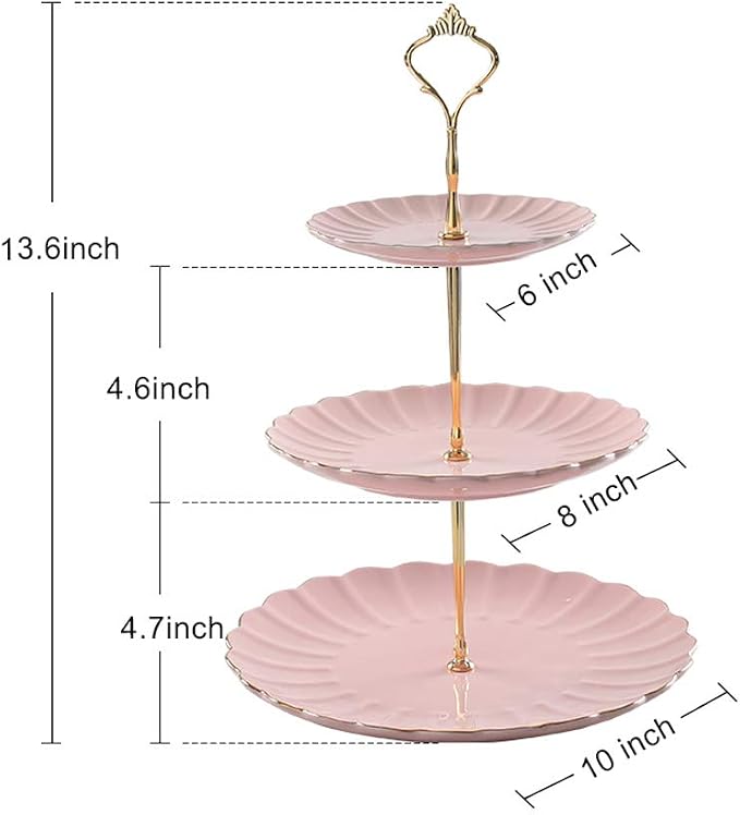 Sweejar 3 Tier Ceramic Cake Stand Wedding, Dessert Cupcake Stand for Tea Party Serving Platter (Pink)