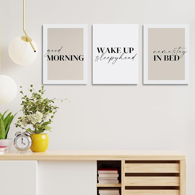 GUBIYU Bedroom Prints Set of 3, Above Bed Decor, Good Morning Namastay in Bed Canvas Wall Art, Beige and White Minimalist Nursery Prints 12"x16"