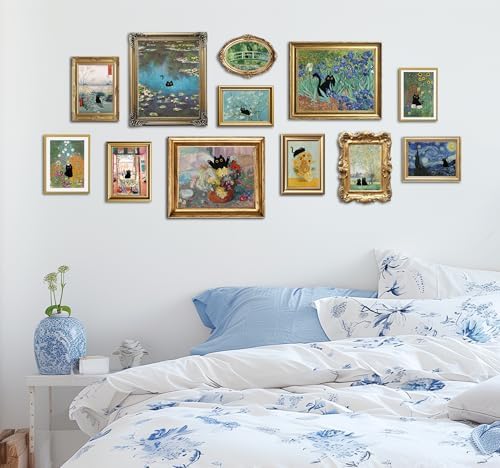 TwoDays Vintage Black Cat Room Decor, Funny Cats in Famous Painting, Monet Van Gogh Matisse Wall Art Prints for Bathroom Bedroom Aesthetic (Multi Sizes, Set of 12, 8" X 10" Largest, UNFRAMED)