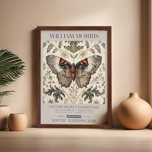 Poster Master William Morris Poster - Butterfly Print - Moth Illustration - Botanical Art - Flower Art - Exhibition Illustration - Animal Illustration - Floral Painting - Aesthetic Office or Bedroom Decor - 16x20 Brown Framed