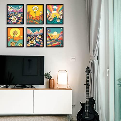 Hippie Wall Art Retro Wall Decor Prints Set of 6 Hippie Flower Canvas 60s 70s Vintage Posters Abstract Minimalist Inspirational Happy Face,Good day,Earth Day Photos Boho Positive Pictures for Living room Bedroom (D, 11"x14" UNFRAMED)