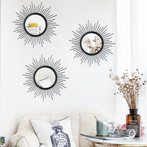 3 Pack Metal Mirrors for Wall Sunburst Wall Mirrors Home Décor Decorative Hanging Wall Art for Living Room Bedroom Entryway (Black, Sunburst)