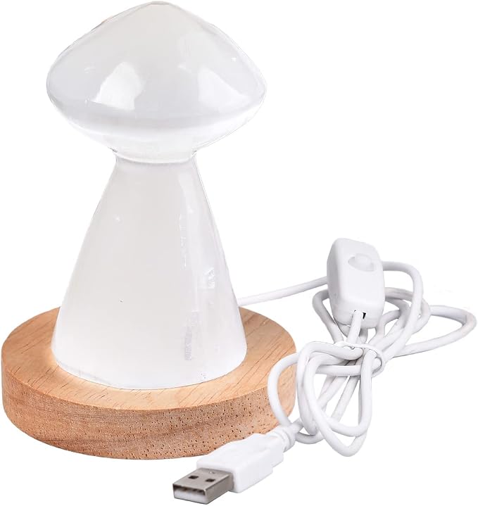 JIC Gem USB Selenite Lamp White Mushroom Small Selenite Crystal Lamp 3.1 Inch with Wooden Light Stand Base