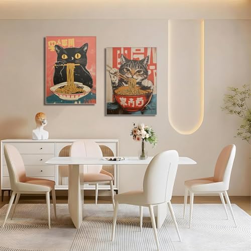 Framed Funny Black Cat Canvas Wall Art Set of 2, Vintage Japanese Cat Eating Ramen Poster, Unique Gifts and Animal Lover Printing Picture for Living Room Kitchen Dining Room Wall Decor 16x24 Inch