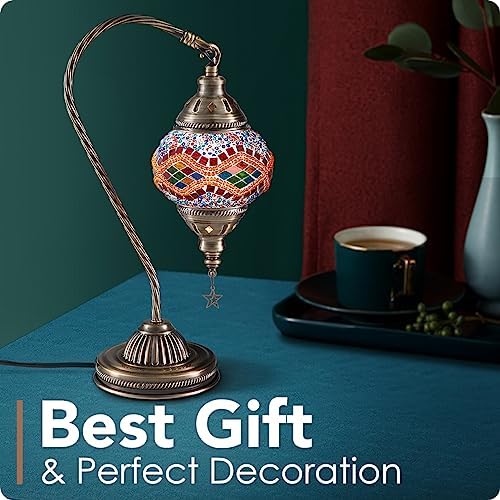 Yarra-Decor Turkish Moroccan Lamp with Bronze Base 3 Color Options Handmade Swan Neck Mosaic Glass Bedside Lamps for Bedroom (LED Bulb Included)(Orange2)