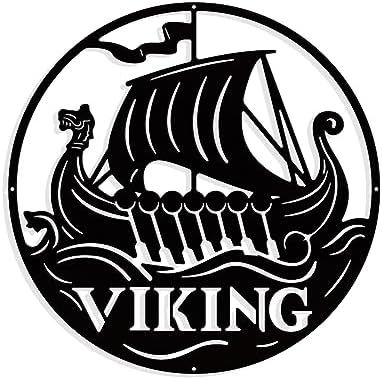 NBEADS Viking Boat Metal Wall Art Decor, Round Matte Black Wall Hanging Decor Silhouette Wall Art for Home Bedroom Living Room Bathroom Kitchen Office Hotel Wall Decoration, 11.8"(30cm)