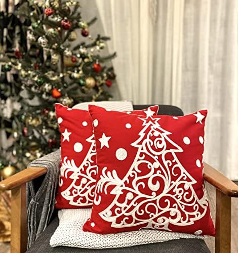 Red Holiday Decor Pillow Covers 18x18 Outdoor Throw Pillowcases Tree Embroidered Cushion for Farmhouse Sofa Office Bed Room Car 2PCS