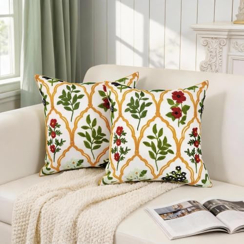 Alysheer Floral Decorative Embroidered Throw Pillow Cover 18"x18", 2pcs Red