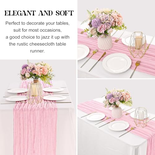 Pink 10FT Cheesecloth Table Runner Boho Gauze Fabric Table Runner Rustic Sheer Runner for Wedding Bridal Baby Shower Birthday Party Boho Table Decor（1 Pack Pink）