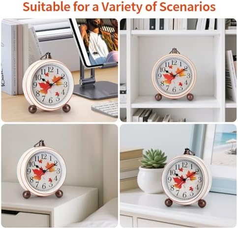 Classic Vintage Table Clock - 5.2in Analog Desk Clock, Silent Non-Ticking Clock with Distressed Metal Frame for Office, Living Room or Bedroom (Maple-Leaf)